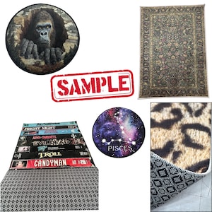 May include: Collection of rugs with various designs. Includes a round rug with a gorilla image, a rectangular floral rug, a round rug with a Pisces constellation, a rug with a leopard print, and a rug with VHS movie covers.