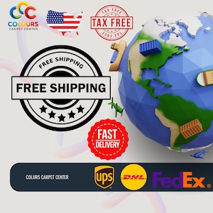 May include: An illustration featuring a globe with shipping containers, airplanes, and a map of the United States. The image includes text that says "Free Shipping," "Tax Free," and "Fast Delivery." Logos for UPS, DHL, and FedEx are also present.