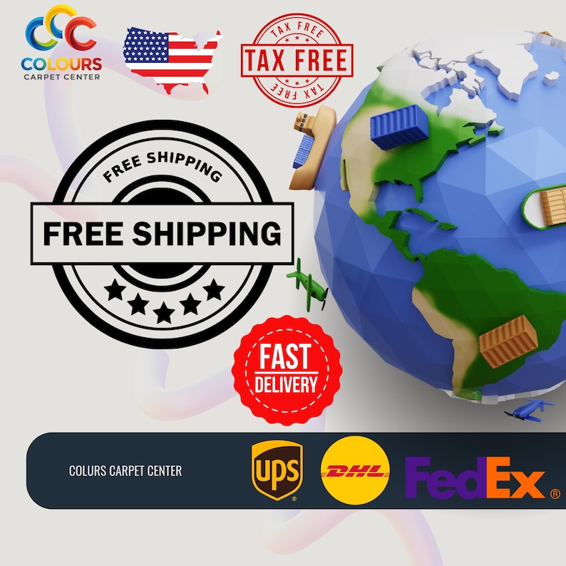 May include: An illustration featuring a globe with shipping containers, airplanes, and a map of the United States. The image includes text that says "Free Shipping," "Tax Free," and "Fast Delivery." Logos for UPS, DHL, and FedEx are also present.