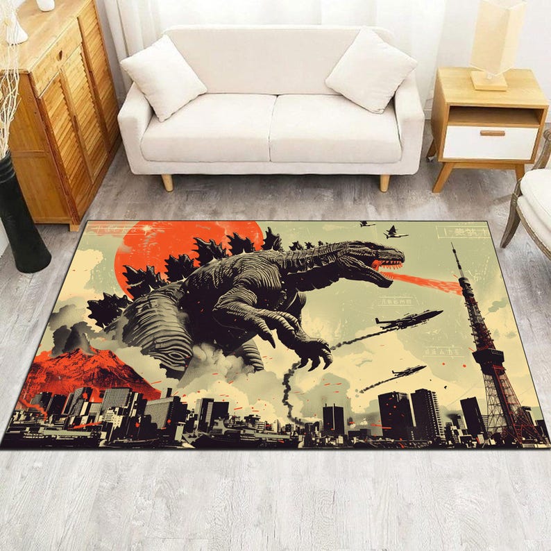 Godzilla Kaiju Tokyo City Rug, Japanese Sci-fi Movie Carpet, Retro ...