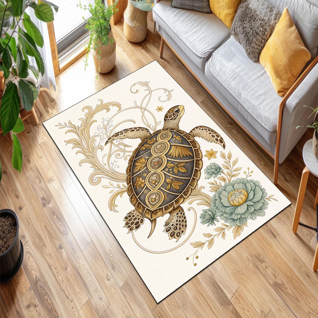 Vintage Sea Turtle Botanical Area Rug, Antique Coastal Floor Decor - Etsy
