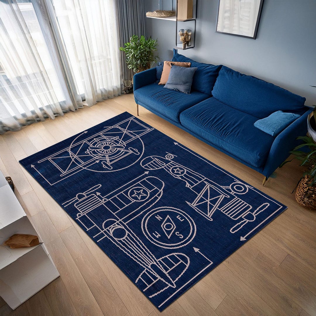 Aviation Blueprint Area Rug, Vintage Airplane Decor, Navy Blue Pilot ...