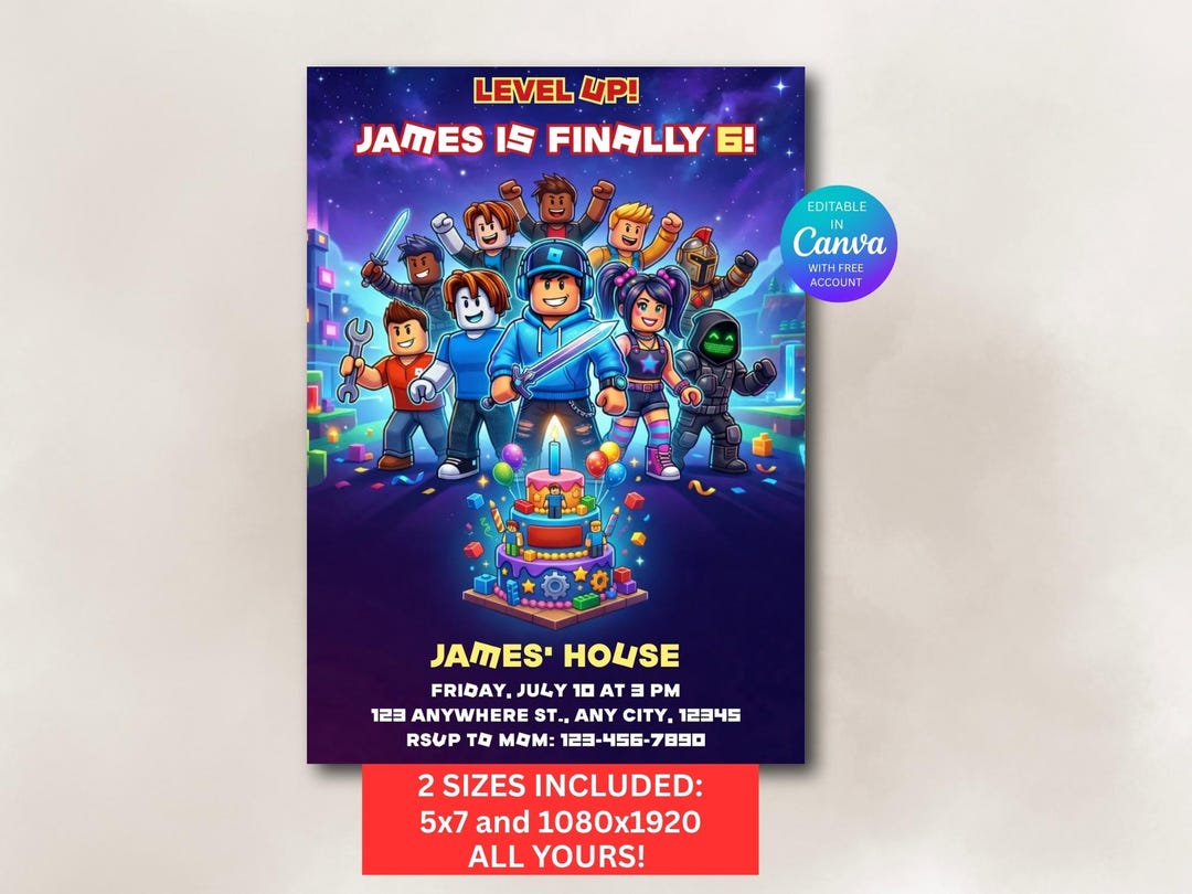 Roblox Birthday Invitation Editable Canva | Gaming Birthday Invite ...