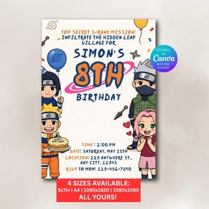 Naruto Chibi Birthday Invitation | Anime Ninja Party Invite | Editable Canva Template (Digital Download)
