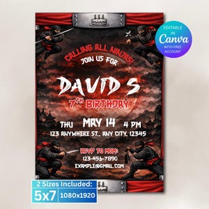 Könnte beinhalten: Eine Geburtstagseinladung mit Ninja-Thema und dem Text "Calling All Ninjas! Join Us For David's 7th Birthday." Das Design zeigt Ninja-Illustrationen, ein rot-schwarzes Farbschema und Veranstaltungsdetails.