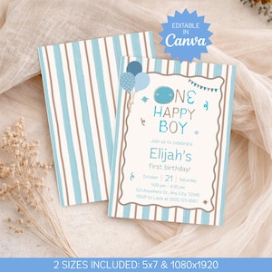 Puede incluir: Una tarjeta de invitación para el primer cumpleaños con rayas verticales azules y marrones, globos azules y un gráfico de cara sonriente. El texto dice: ONE HAPPY BOY, Join us to celebrate Elijah's first birthday, October 21, Saturday, 1:00 pm - 4:30 pm, 123 Anywhere St., Any City, 12345, RSVP to Layla at (555) 123 4567.