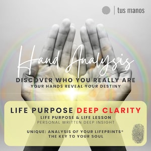 May include: An image advertising hand analysis services. It shows open hands with text that reads "Hand Analysis," "Discover Who You Really Are," and "Life Purpose Deep Clarity." The background has a soft, glowing effect.