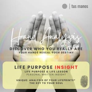 May include: An image showing open hands with the words "Hand Analysis" and "Discover Who You Really Are". A yellow banner at the bottom states "Life Purpose Insight" with text about life lessons and fingerprint analysis. The background is a gradient of grey and white.