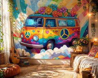 Arazzo Groovy Hippie Bus con margherite, sfondo per feste in stile retrò anni '60 e '70, decorazione murale boho.