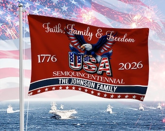 Anpassat efternamn Tro, familj och frihet 250 år av Amerika Patriotisk banderoll Husflagga