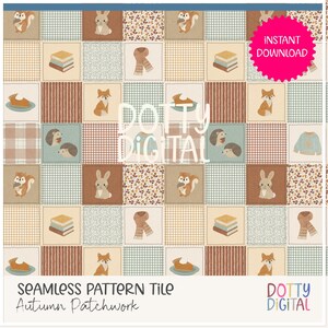 Könnte beinhalten: Eine nahtlose digitale Musterkachel mit einem Patchwork-Gitter aus herbstlichen Illustrationen, darunter Eichhörnchen, Hasen, Füchse, Igel, Bücher, Schals, Pullover und Tortenstücke in Braun-, Creme-, Grün- und Orangetönen mit Text.