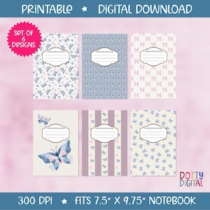 Composition Book Covers Printable • Set of 6 PNG Designs • Sized for 7.5×9.75" Notebooks • With & Without Label • Butterflies and Bows