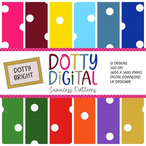 Pode incluir: Um design digital com padrões retangulares coloridos com bolinhas brancas. A imagem inclui o texto "DOTTY BRIGHT" em um design emoldurado e "DOTTY DIGITAL Seamless Patterns". Texto adicional indica 12 designs e um download digital.