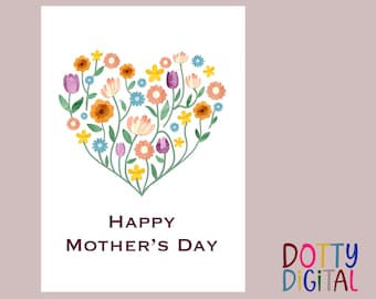 Biglietto di auguri per la Festa della Mamma con cuore floreale • Modelli digitali • 5"x7" o quadrato • Stampabile per Stati Uniti e Regno Unito • Da jpg a messaggio • Grazioso disegno realizzato a mano