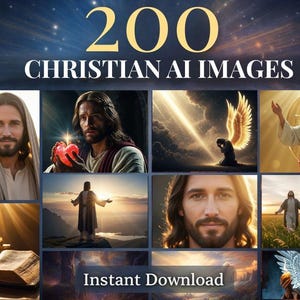 May include: A digital art graphic with the text "200 CHRISTIAN AI IMAGES" above a grid of eight images depicting Jesus in various scenes. The words "Instant Download" are at the bottom.