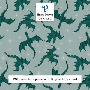 May include: A seamless digital pattern featuring dark teal dragons in various flying poses against a muted sage green background with small white star accents. The image includes text that reads P Hand-Drawn NO AI and PNG seamless pattern Digital Download.