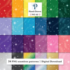 May include: A collection of 24 seamless digital patterns featuring various solid colors with white sparkling star and swirling dust effects. The image includes text reading Hand-Drawn NO AI and 24 PNG seamless patterns | Digital Download.
