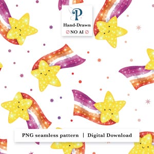 May include: A seamless pattern with yellow smiling stars and rainbow comet trails on a white backdrop. The image includes the text "Hand-Drawn NO AI" and "PNG seamless pattern | Digital Download".