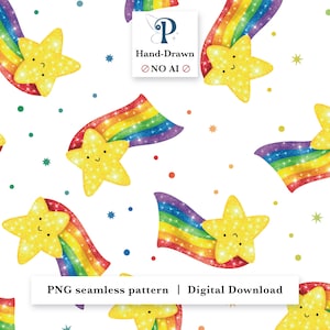 Könnte beinhalten: Ein nahtloses Muster mit gelben Glitzersternen mit lächelnden Gesichtern und bunten Regenbogen auf weißem Hintergrund. Das Design enthält kleine bunte Punkte und den Text "PNG seamless pattern | Digital Download". Das Bild enthält auch den Text "Hand-Drawn" und "NO AI".