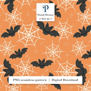 Könnte beinhalten: Ein nahtloses digitales Muster mit schwarzen Fledermäusen und weißen Spinnennetzen auf orangefarbenem Hintergrund. Das Bild enthält den Text P Hand-Drawn NO AI und PNG seamless pattern | Digital Download. Das Design ist ein sich wiederholendes Muster.