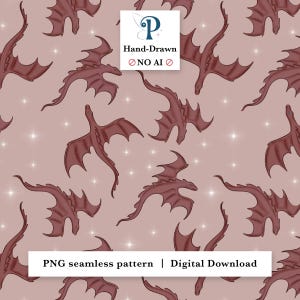 Op de afbeelding: Een naadloos digitaal patroon met donkerrode drakenillustraties op een oudroze achtergrond met kleine witte sterren. De afbeelding bevat de tekst P Hand-Drawn NO AI en PNG seamless pattern | Digital Download.