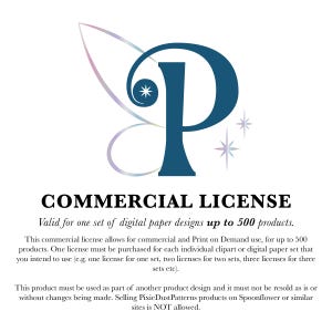 Könnte beinhalten: Grafik für eine digitale kommerzielle Lizenz mit einem großen blauen Buchstaben "P" und einem Feenflügel-Design. Der Text lautet "KOMMERZIELLE LIZENZ" und beschreibt die Lizenzbedingungen für digitale Papierdesigns bis zu 500 Produkte.