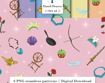 13 Princesses Hand Drawn Subtle Icon Minimalist Seamless Patterns Pack (Digital Download)