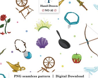 Last Dragon Princess Hand Drawn Subtle Icon Minimalist Seamless Pattern (Digital Download)