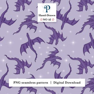 May include: A seamless digital pattern featuring purple dragons in various flying poses against a light purple background with small white stars. A central white box contains the text P Hand-Drawn NO AI and a bottom white banner reads PNG seamless pattern | Digital Download.