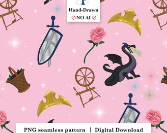 Sleeping Princess Hand Drawn Subtle Icon Minimalist Seamless Pattern (Digital Download)