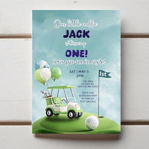 Editable Hole in One Birthday Invitation Golf First Birthday Par-tee Golf Invite Boy Golfing Download Printable Template Digital