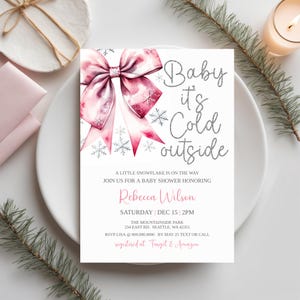 Pink Bow Baby It&#39;s Cold Outside Baby Shower Invitation Template | Christmas | Holiday Snowflake | Snowfall | Winter Wonderland | Silver