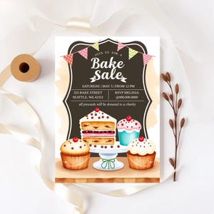 Editable Bake Sale Party Festival Invitation Fundraiser School Church Flyer Kitchen Cake Cookie Download Template Printable