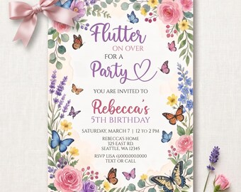 Flutter Butterfly Birthday Invitation, Editable Floral Garden Party Template