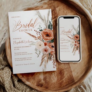 Editable Bridal Shower Invitation Template, Pampas & Floral, Printable, Boho, Palm Leaf, Rust, Burnt Orange, Terracotta,