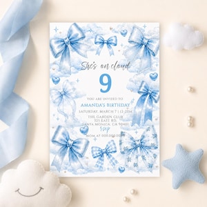 May include: A rectangular birthday invitation card featuring a light blue watercolor theme with clouds, bows, and hearts. The text reads: She's on cloud 9, You are invited to Amanda's Birthday, Saturday, March 7, 12-2pm, The Garden Club, 325 East Rd, Santa Monica, CA 90401, RSVP, Mom at 000.000.0000.