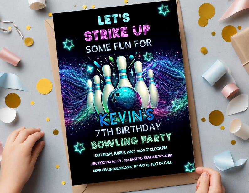 Editable Bowling Birthday Invitation, Glow Bowling Invitation, Neon