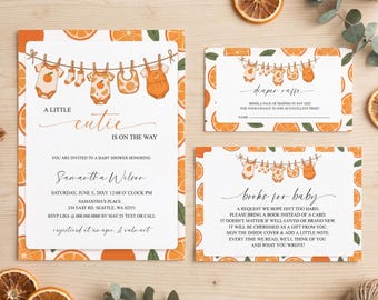A Little Cutie Baby Shower Invitation Set, Editable Citrus Orange Invite, Digital Download
