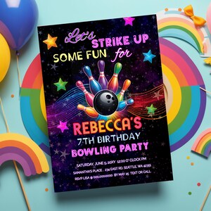 Bowling birthday invitation editable template | let&#39;s strike up some fun bowling party invitation | rainbow neon glow girls birthday invite