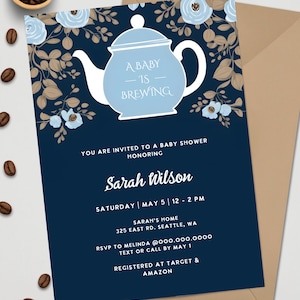Invitación &quot;Un bebé está en ciernes&quot; - Plantilla editable / Fiesta de té para baby shower / Invitación para baby shower con café para niño