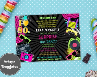 Retro 80s Party Invitation, Editable Neon Throwback Birthday Invite Template, Digital Download