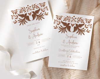 Conjunto de invitaciones de boda Otomí en terracota, suite editable de Canva con temática de hacienda mexicana, descarga imprimible.
