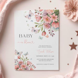 Baby in Bloom Invitation, Butterfly Baby Shower Invitation Girl, Pink Purple Butterflies Wildflower Invite Printable Baby in Bloom Shower