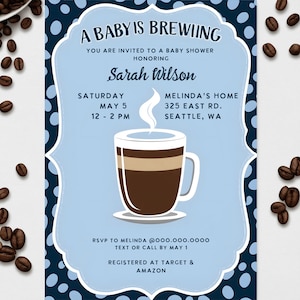 Invitación &quot;Un bebé está en ciernes&quot; - Plantilla editable / Invitación para baby shower con café para niño / Fiesta de té para baby shower