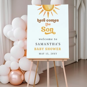 Here Comes the Son Baby Shower Welcome Sign Template, Sun Baby Shower Welcome Sign, Sunshine baby shower welcome sign, Editable Template
