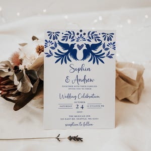 Faire-part de mariage mexicain Otomi et réservez date dans un design Talavera bleu. Téléchargement instantané