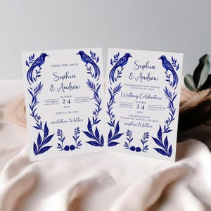 Mexican Otomi Wedding Invitation & Save the Date in Blue Talavera Design. Instant Download