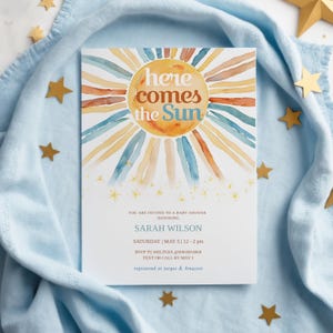 Editable Sunshine Baby Shower Invitation, Here Comes the Son Baby Shower Invite, Boy Sonshine Baby Shower, Boho Sunshine Shower,