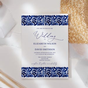 Blue Talavera Wedding Invitation Set: Customizable RSVP (Digital Download)