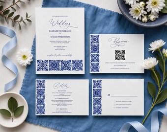 Conjunto de invitaciones de boda Talavera azul, invitación con patrón de azulejos editable y confirmación de asistencia, descarga digital.